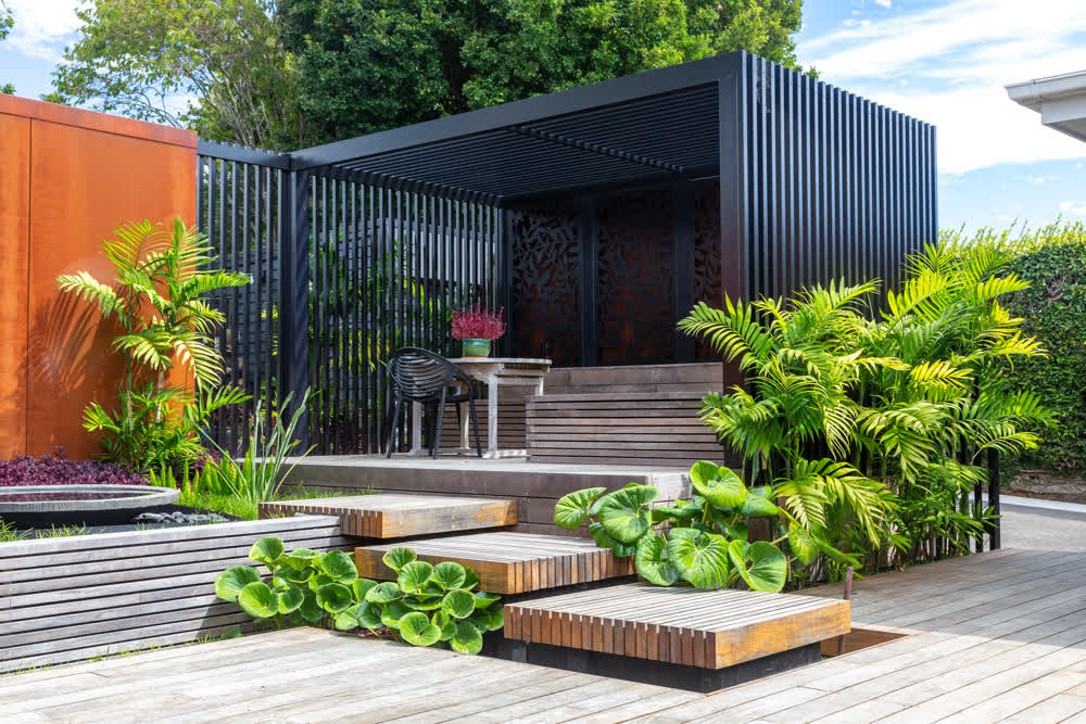 Maintained Ligularia and bamboo palms in decked area